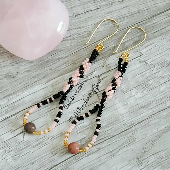 BOGO EARRINGS Rhodonite Gemstone Spiral Beaded Dangle Earrings, Pink & Black - Picture 2 of 9